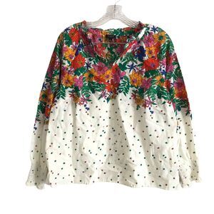 Talbots Womens Blouse Petite XLP Floral Ruffle Neck Long Sleeve Boho 100% Cotton